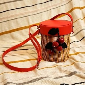 Kate spade picnic cherries wicker crossbody bucket bag natural